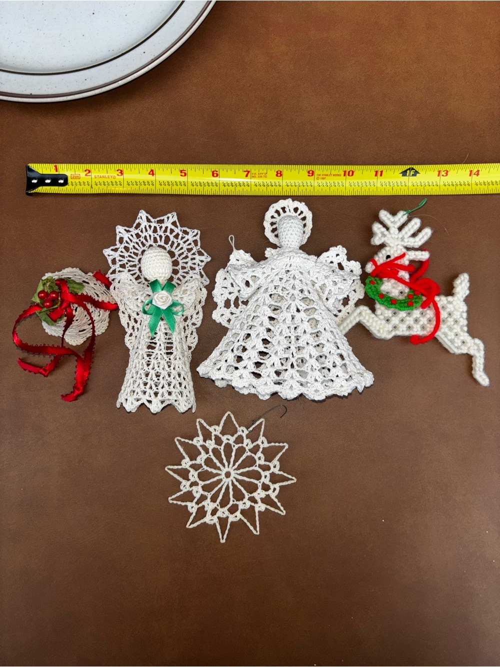 Vintage White Ivory Crochet Holiday Ornaments Set - Angels, Reindeer, Snowflake